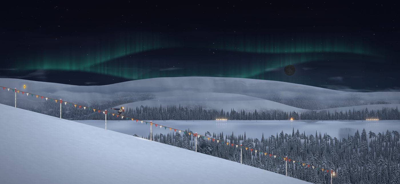The skier sliding down a line of pennants at night